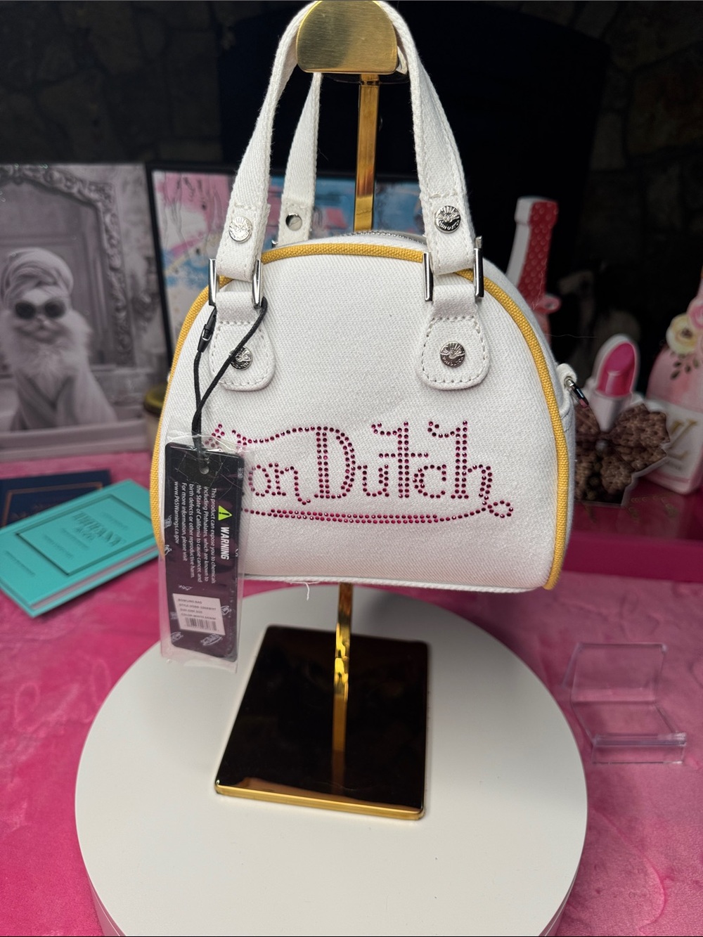 Von Dutch Crystal Rhinestone Bowler Bag – White Denim, NWT + Dustbag